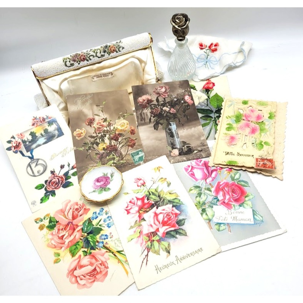 Vintage Paris Rose Lot 1900's Petite Point Purse Post Cards Limoges Glass Bottle